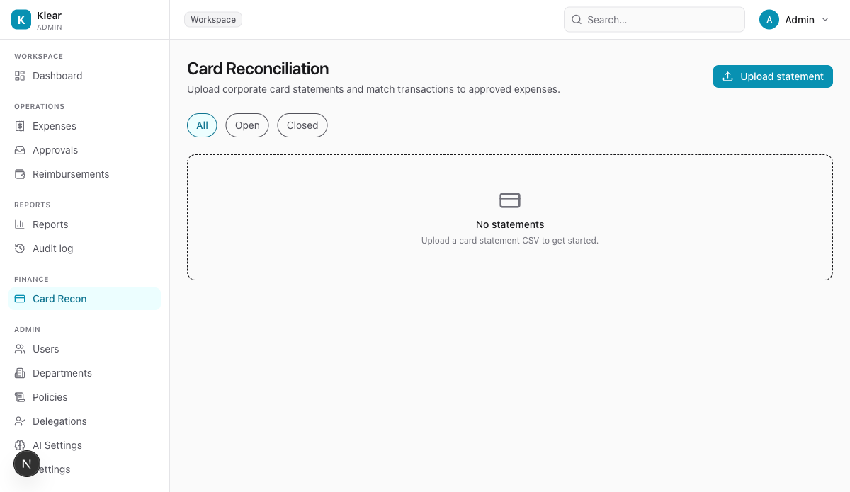Card Reconciliation page