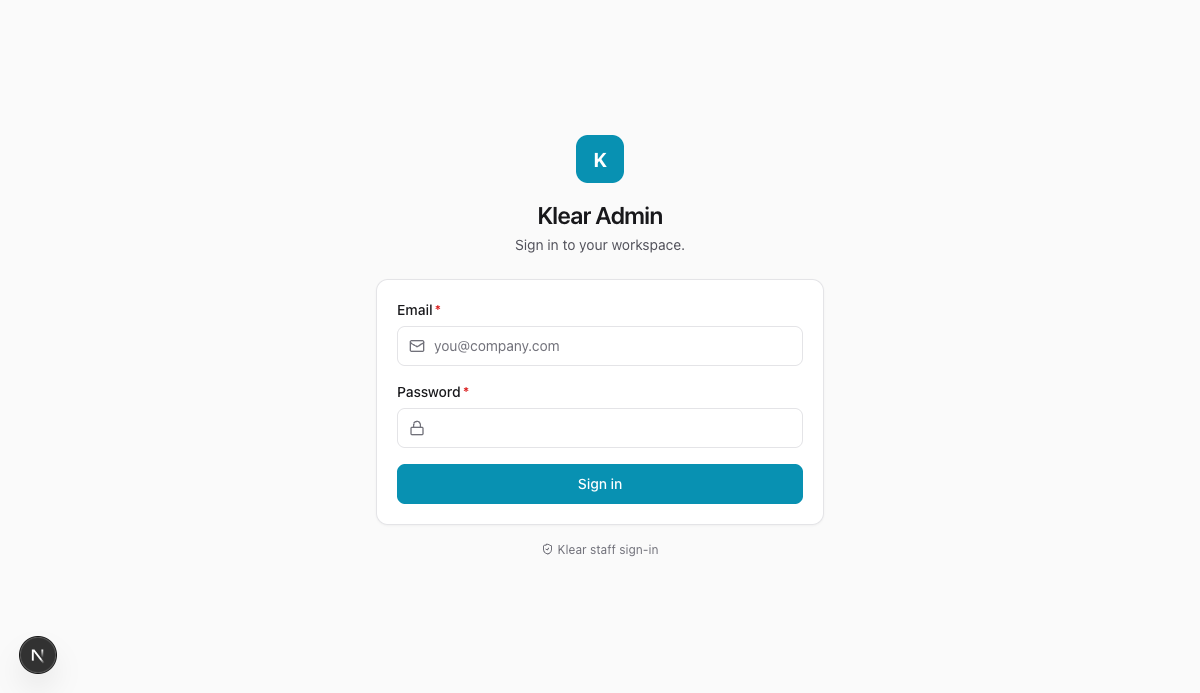Klear Admin login screen