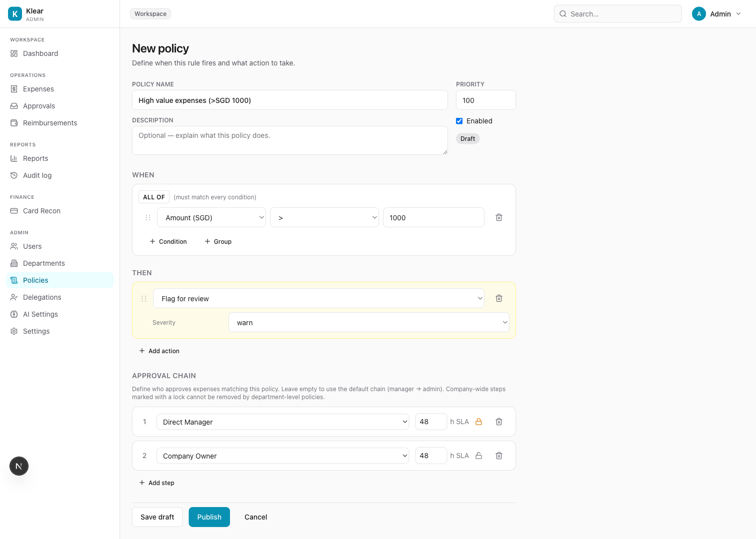 Policy builder — approval chain with two steps